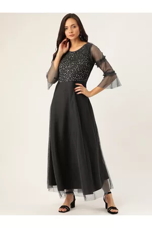 Antheaa Women Charcoal Grey Embellished Net Maxi Dress