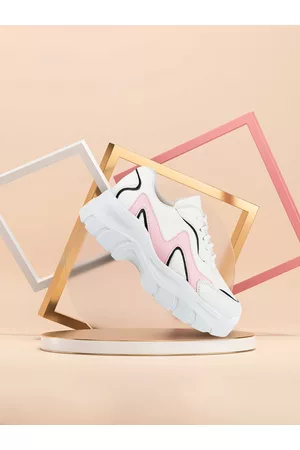 Vendoz Women White & Pink Colourblocked Sneakers