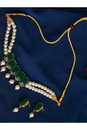 SOHI Green & White Gold-Plated Pearl Studded Jewellery Set