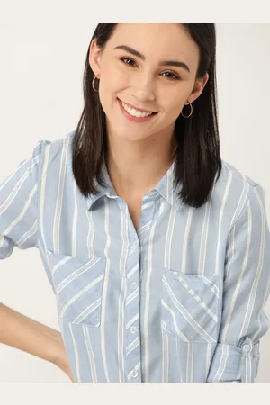 DressBerry Women Blue & White Regular Fit Striped Casual Sustainable ECOVERO Shirt