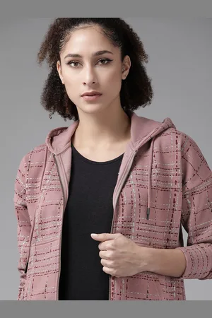 Roadster Women Dusty Pink & Silver Checked Hooded Sweatshirt