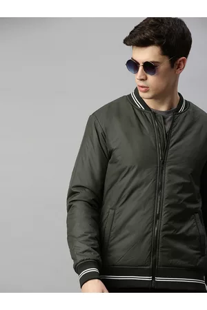 WROGN Men Olive Green Slim Fit Solid Varsity Jacket