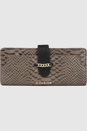 Hidesign Women Gunmetal-Toned Snakeskin Textured Buckle Detail Leather Two Fold Wallet