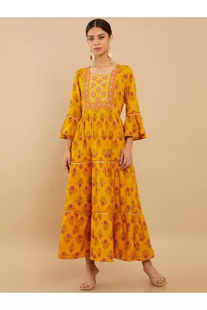 Soch Women Mustard Yellow Floral Printed Bell Sleeves Fit And Flare Ethnic Dress