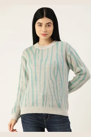 MADAME Women Grey & Blue Self Design Animal Pattern Pullover