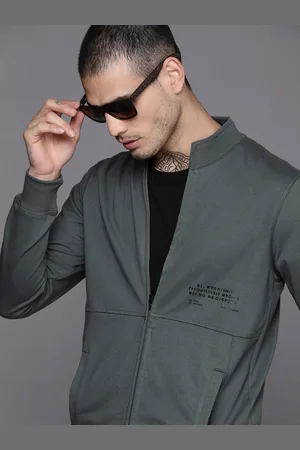 WROGN Men Grey Applique Mock-Collar Front-Open Sweatshirt