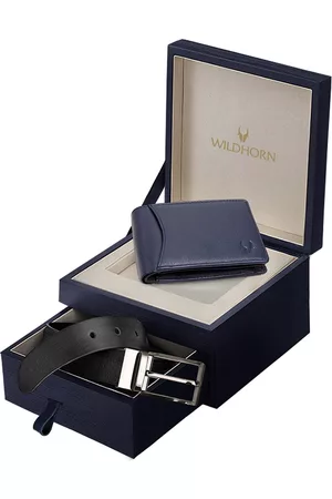 WildHorn Men Blue & Black RFID Protected Genuine Leather Wallet & Belt Accessory Gift Set
