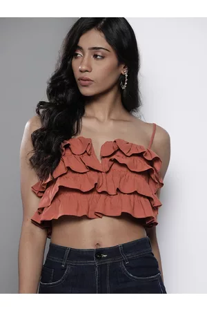 Trendyol Women Rust Brown Pure Cotton Ruffles Smocked Crop Top