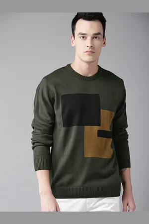 Roadster The Lifestyle Co Men Olive Green & Black Colourblocked Sweater