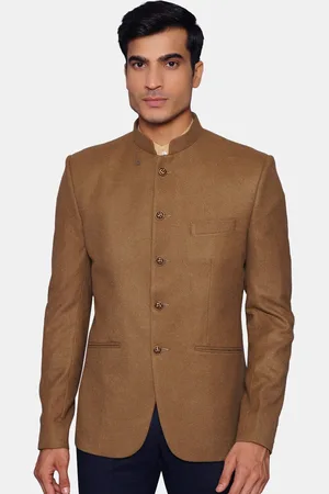 Wintage Men Brown Solid Woolen Bandhgala Ethnic Blazer