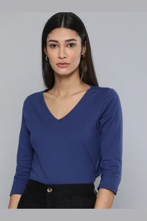 Chemistry Women Navy Blue Solid V-Neck Regular Top