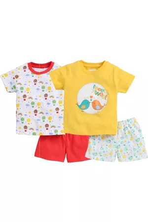 BUMZEE Girls Pack Of 2 Red & Yellow Printed Pure Cotton T-shirt with Shorts
