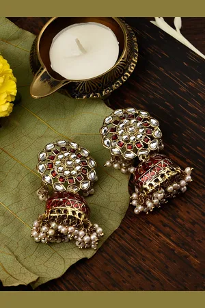 Fida Women Gold-Toned & Red Dome Shaped Jhumkas