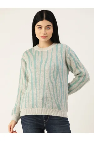 MADAME Women Grey & Blue Self Design Animal Pattern Pullover