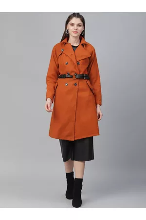 ATHENA Women Orange Solid Woollen Solid Overcoat