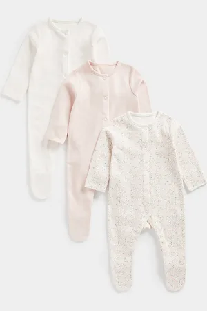 Mothercare Girls Peach Pink & Off White Pack Of 3 Printed Organic Cotton Sleepsuits