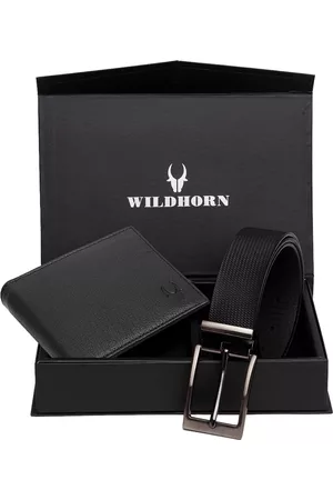 WildHorn Men Black Textured RFID Protected Genuine Leather Wallet & Belt Accessory Gift Set
