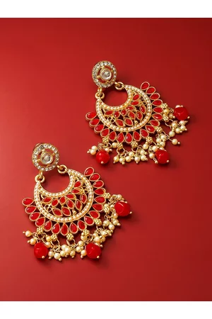 Aadita Women Gold-Toned Red Stone Studded & Pearl Beaded Chandbali Drop Earrings