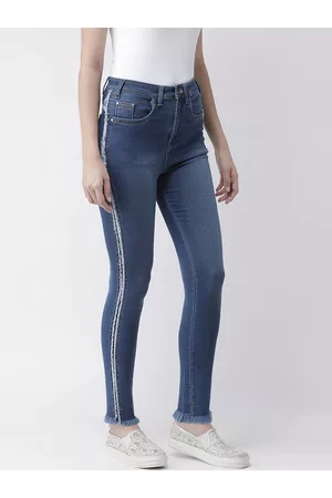 KASSUALLY Women Navy Blue Skinny Fit Mid-Rise Clean Look Jeans with Side Stripes