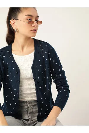 DressBerry Women Navy Blue Printed Cardigan