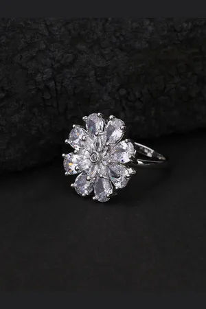 Adwitiya Collection Silver Rhodium Plated CZ Stone Studded Adjustable Finger Ring