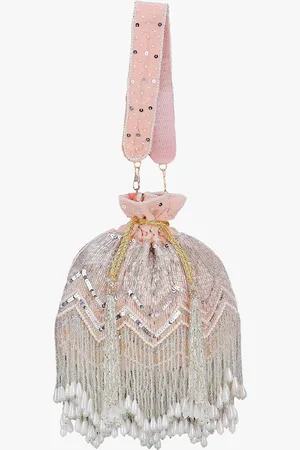 Anekaant Women Peach-Coloured & Silver-Toned Velvet Embellished Potli Clutch