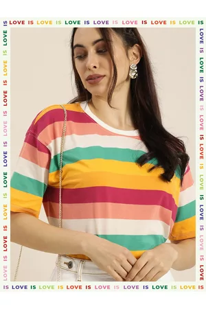 Moda Rapido Women Oversized Multicoloured Candy Stripes Drop-Shoulder Sleeves T-shirt