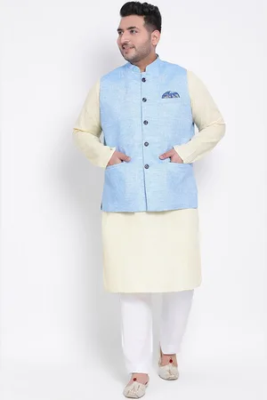 Hangup Men Lime Green & Blue Regular Straight Linen Kurta with Pyjamas & Nehru Jacket