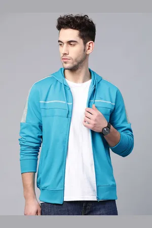 Park Avenue Men Blue Slim Fit Solid Hooded Sweatshirt