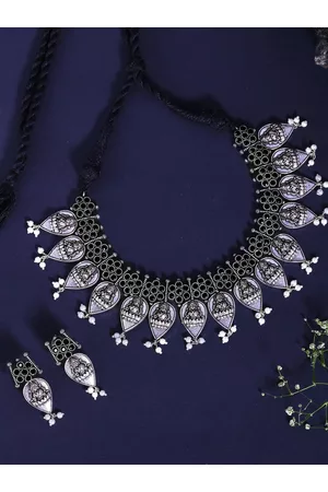 Yellow Chimes Woman Oxidised Silver Stone Studded pearl Lakshmi Choker Necklace Set