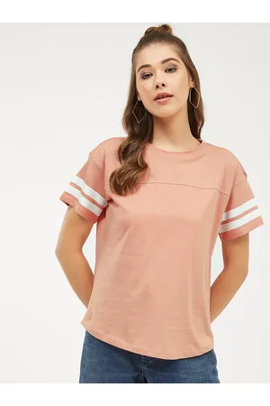 Harpa Women Peach-Coloured White Striped Round Neck Pure Cotton T-shirt