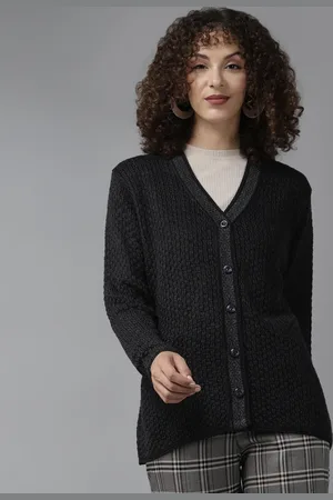 Cayman Women Charcoal Grey Self Design Woollen Cardigan