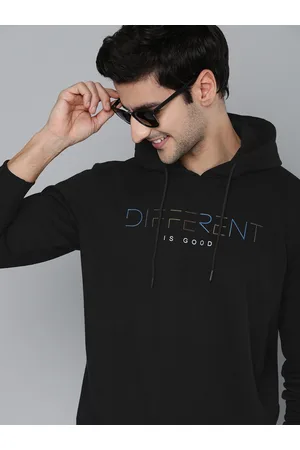 HERE&NOW Men Black Typography Printed Hooded Pullover Sweatshirt