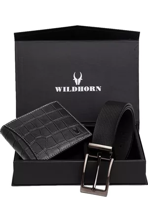 WildHorn Men Black RFID Protected Genuine Leather Wallet & Belt Accessory Gift Set