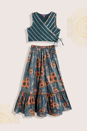 Biba Girls Teal Blue & Golden Floral Print Gotta Patti Ready to Wear Lehenga & Blouse