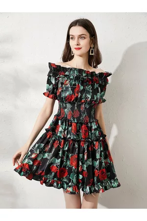 JC Collection Black Floral Printed Off-Shoulder Smocked Dress