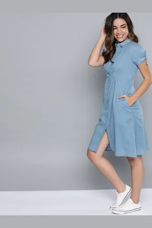 Mast & Harbour Women Blue Self-Striped Shirt Dress