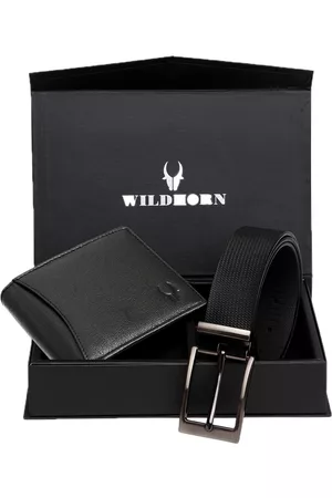 WildHorn Men Black RFID Protected Genuine Leather Accessory Gift Set