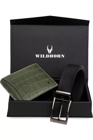 WildHorn Men Green & Black RFID Protected Genuine Leather Accessory Gift Set