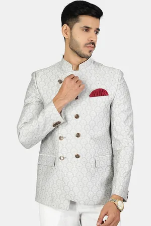 Wintage Men Silver & White Printed Bandhgala Blazer