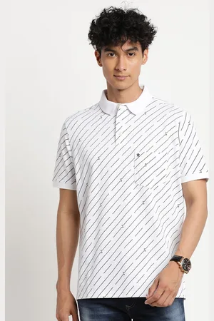 Turtle Men White Striped Cotton Polo Collar Slim Fit T-shirt