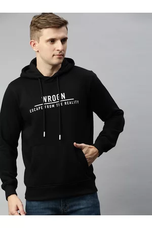 WROGN Men Black Slim Fit Printed Hooded Sweatshirt