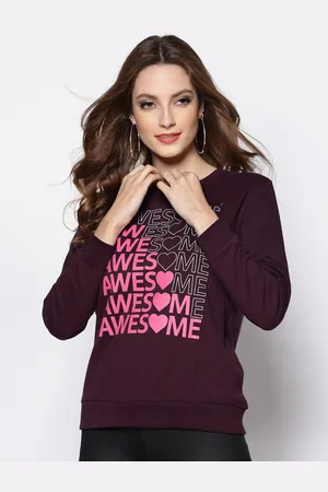 Sera Women Burgundy & Pink Typography Printed Cotton Sweatshirt