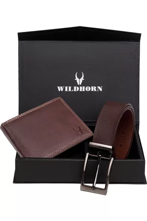 WildHorn Men Maroon & Brown RFID Protected Genuine Leather Accessory Gift Set