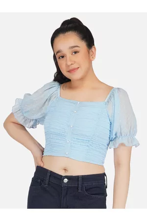 Antheaa Girls Blue Ruched Chiffon Crop Top