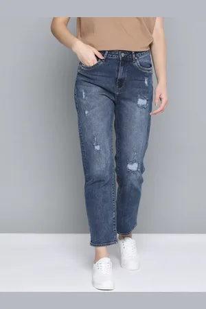 Mast & Harbour Women Navy Blue Straight Fit High-Rise Mildly Distressed Light Fade Stretchable Jeans