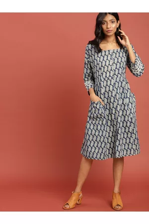 Taavi Women Blue Indigo Hand Block Print A-Line Dress with Pockets
