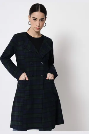 CHARMGAL Women Blue & Green Checked Pure Cotton Overcoat