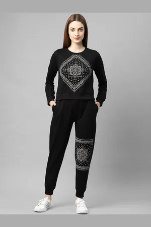 Rigo Women Black & White Printed Cotton Slim Fit Tracksuit