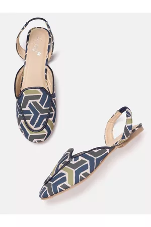 Sangria Girls Teal Blue & Off White Geometric Printed Mules